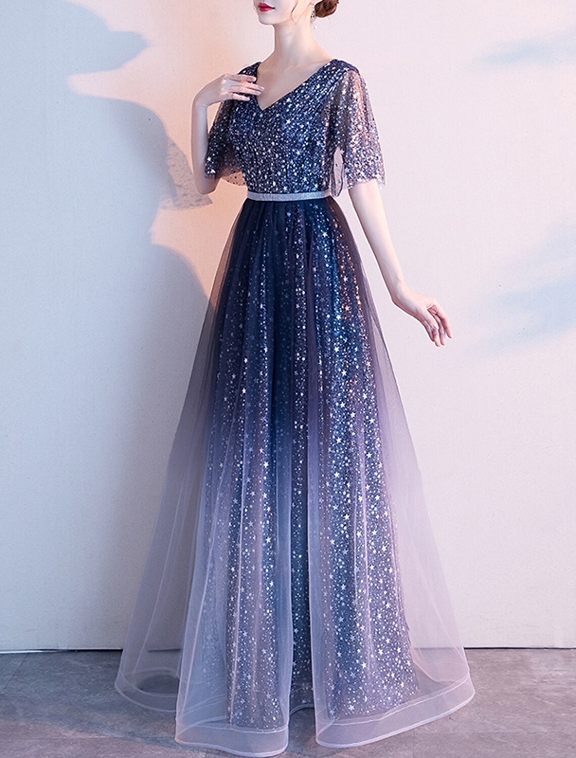 A-Line Evening Gown Glittering Dress Wedding Guest Prom Floor Length Half Sleeve V Neck Tulle with Sash / Ribbon Pleats Sequin 2025